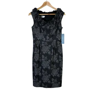 NWT London Times Floral Ruffle Sheath Dress Womens 8 Black Knit Modest Church thumbnail 2