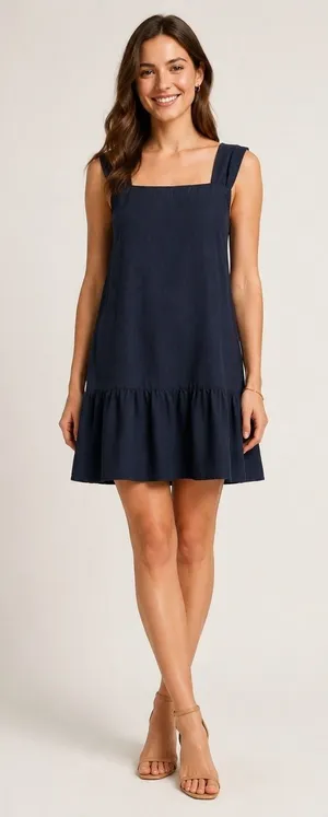 LOFT Square Neck Flounce Dress Women Small Black Linen Blend Trapeze Mini Preppy thumbnail 1