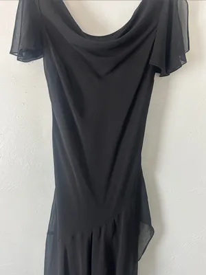 Eva Blue Black Draped Cowl Neck Drop Waist Midi Ruffle Dress w Flutter Sleeve thumbnail 3