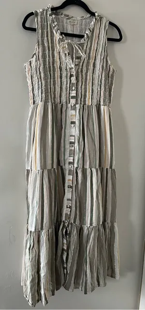Green White Striped Cotton Tiered Button Up Maxi Dress Small Coastal Resort thumbnail 1