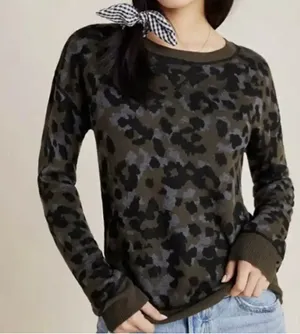 by Anthropologie Ethan Crew Neck Leopard Print Knit Sweater Green Gray Brown M thumbnail 1
