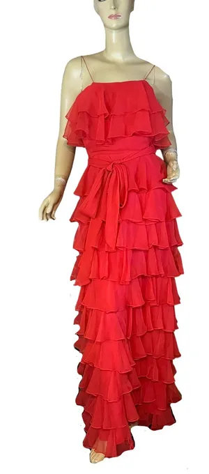 Vintage 1970'S Red Chiffon Tiered Ruffle Miss Elliette California Maxi Dress (S) thumbnail 1