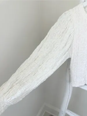 Free People Jasmine Tea Time Cream Textured Puff-Sleeve Knit Top Keyhole Back thumbnail 4