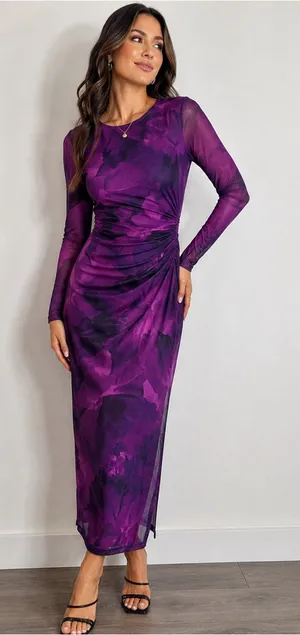 PrettyGarden Purple Floral Ruched Mesh Midi Dress Long Sleeve Sz S Date Night thumbnail 1