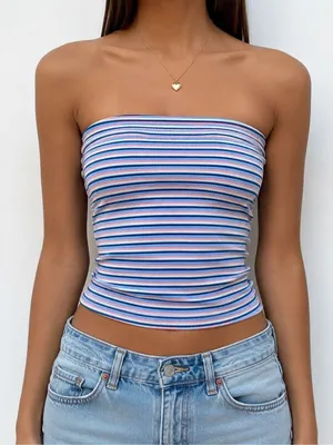 Brandy Melville Striped Ribbed Tube Top Blue Pink White Y2K One Size thumbnail 1