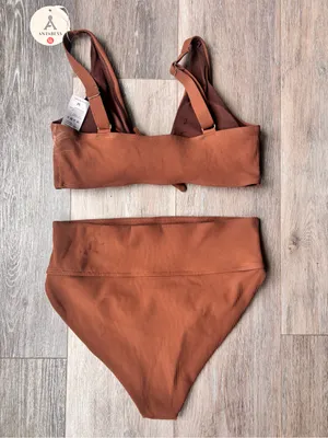 Ava & Viv Brown Ribbed Knot-Front High Waist Bikini thumbnail 2
