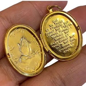 Praying Hand Vintage Locket Etched Floral Pendant Gold Tone Prayer Open Closed thumbnail 1
