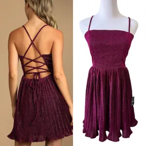 Lulu's Party Era Magenta Sparkly Lace-up Pleated Skater‎ Dress MEDIUM NWT Party thumbnail 3
