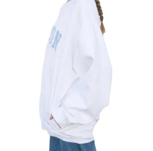 RARE Brandy Melville Oversized Boston Sweatshirt Pockets Cut Neck White Blue S M thumbnail 3