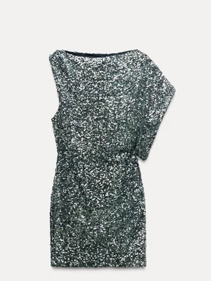NWT ZARA SEQUINED Asymmetric MINI DRESS Navy Silver Festive Days thumbnail 8