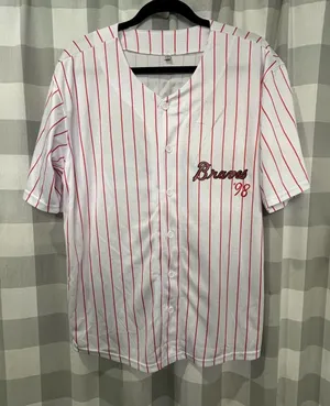 98’ Braves wallen 98White Button Baseball Jersey with Red Pinstripes thumbnail 1