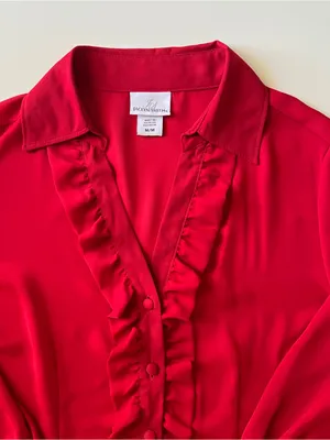 Jaclyn Smith Red Satin Ruffle Button Front 3/4 Balloon Sleeve Blouse Women’s M thumbnail 5