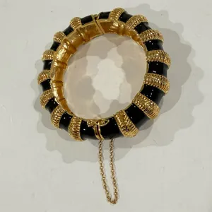 Nordstrom Bamboo Gold Black Enamel Statement Bracelet Cuff vintage Designer Inspired lux thumbnail 1