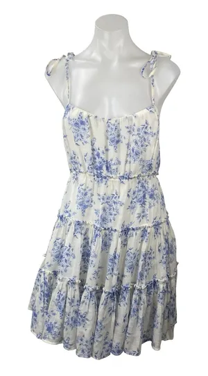 Mine Women's White Blue Floral Tiered Sleeveless Mini Tank Flare A-Line Dress S thumbnail 1