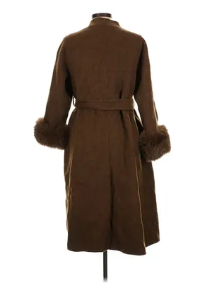 Source Unknown Women’s Brown Wool-Feel Belted Maxi Coat Faux Fur Cuffs Size L thumbnail 4