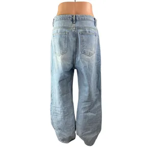 12th Tribe Women's Blue Distressed High Waist Baggy Wide Leg Denim Jeans Pants L thumbnail 2