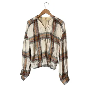Free People Plaid Cotton Gauze Zip Up Bomber Jacket Cream Orange Brown Womens M thumbnail 2
