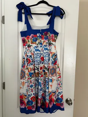Dalia Macphee Floral Mosaic Tile Print Sleeveless Shoulder Tie Dress Pleat Skirt thumbnail 9