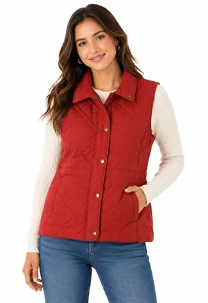 LL Bean Diamond Quilted Full Zip‎ Vest MED Rust Brown Plaid Lined Cord Collar thumbnail 1