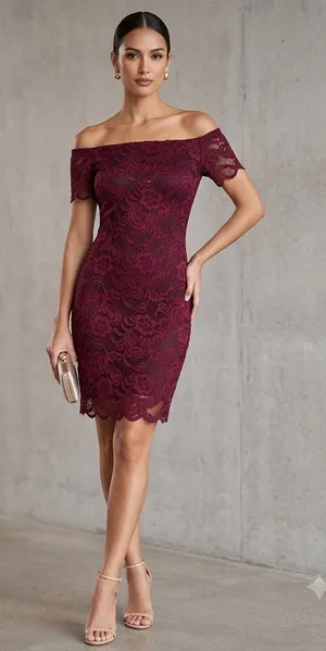 Ambience I Off-Shoulder Lace Sheath Dress in Burgundy NWT thumbnail 1