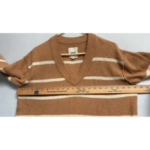 Aerie Striped V-Neck Sweater Brown White Oversized Knit XS thumbnail 7