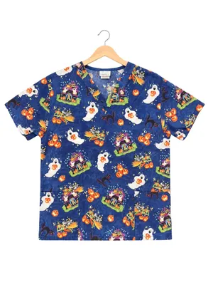 Vintage 90’s Halloween Scrub Top Small Haunted House Ghost Pumpkin Witch V-Neck thumbnail 2