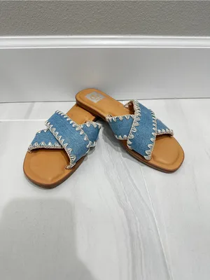 DV by Dolce Vita Light Blue Denim Cross-Strap Slide Sandals with Cream Stitching thumbnail 5