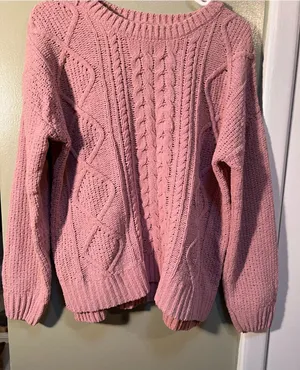SO Womens Size Large Crewneck Sweater Chenille Light Pink Cable Knit Balloon Slv thumbnail 1