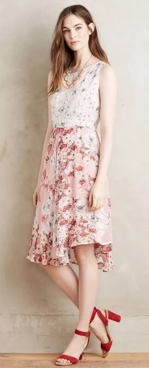 Anthropologie Varun Bahl Floral Pink and White Sleeveless Dress Size 8 thumbnail 1
