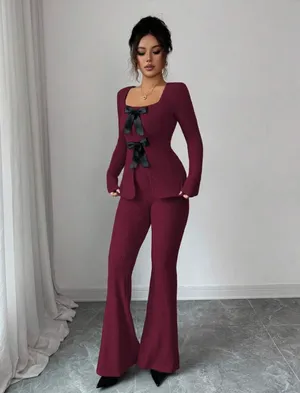 SheIn Burgundy 2 Piece Ribbed Bow Lounge Set thumbnail 2