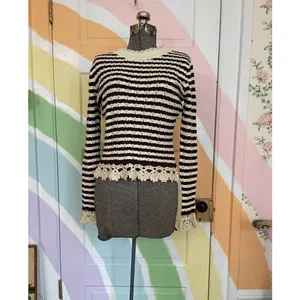 Bohme NWT Striped Crochet Trim Sweater Womens Medium Brown Cream thumbnail 6