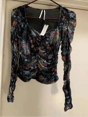Anthropologie XS Top New NWT Long Sleeve Floral Ruched Mesh black Gorgeous RARE thumbnail 9