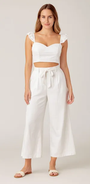 AZURA‎ Wide Leg Crop Top Cotton Set White Medium thumbnail 1