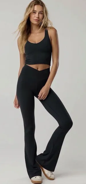 SET Aerie Offline Real Me Low Key Tank and Crossover Flare Pants in Black thumbnail 1