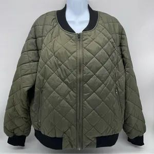 Zeagoo Women’s Green Khaki Quilted Bomber Jacket Black Bibbed neck Trim/Cuffs-L thumbnail 1