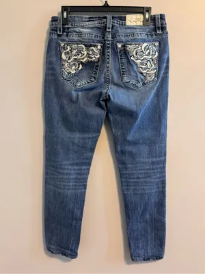 Miss Me Easy Skinny Jeans 29 Mid Rise Rhinestone Embroidered Y2K Blue thumbnail 5
