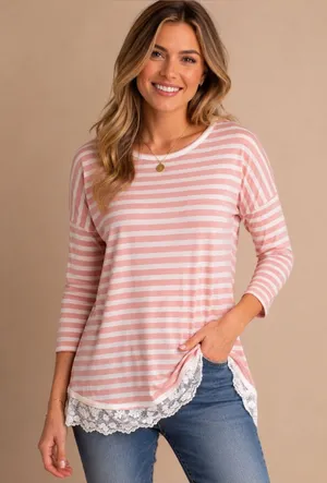 Pinkblush Pink White Striped Lace Hem Tunic Top Size Small 3/4 Sleeve thumbnail 1