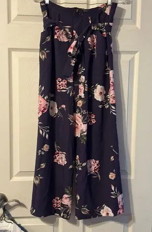 Dark Purple Floral Paperbag Waist Pants Medium thumbnail 1