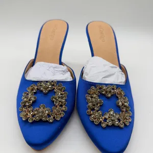 Coutgo Womens Royal Blue Satin Rhinestone Buckle Pointed Toe Mules Stiletto Sz 8 thumbnail 5