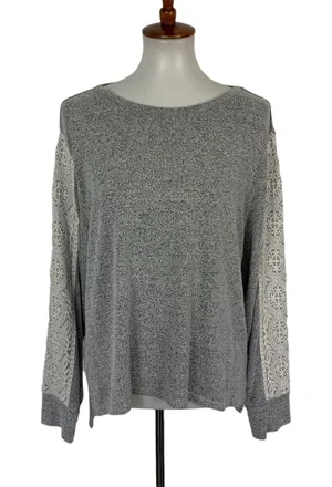 Anthropologie Flora Nikrooz Gray Knit Top‎ L Lace Sleeve Pullover Loungewear Casual Cozy Shirt thumbnail 1