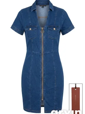 Navy Blue Denim Mini Dress with Front Zip thumbnail 1