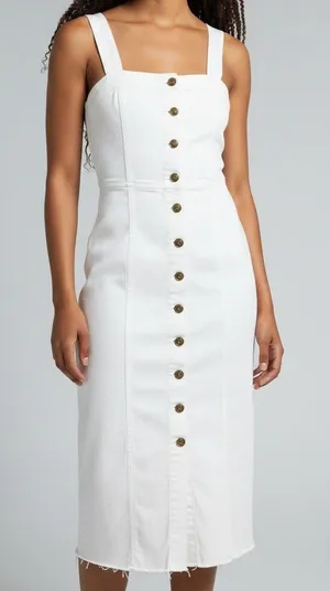 Zara Bodycon Overall Sleeveless Denim Midi Dress Raw Hem Button Down S White thumbnail 1