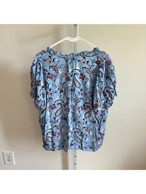 Loft EUC Women's Blue Floral Paisley V-Neck Front Tie Blouse Size L thumbnail 6