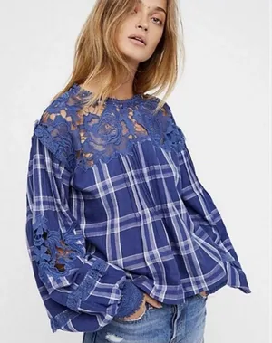 FREE PEOPLE Darling Diana Tunic Lace Top Size‎ XS-Blue Plaid $128 thumbnail 1