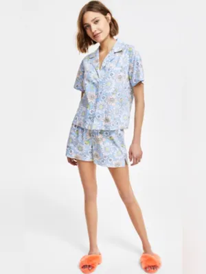 Jenni Intimates Floral Smiley Face Pajama Set Medium Blue Retro Boho Preppy Y2K thumbnail 2