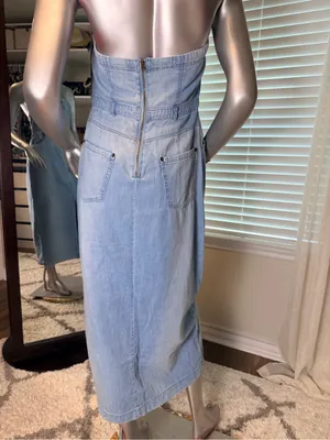 Free People Denim Midi Dress Size 8 Blue Strapless Cotton Front Slit Pockets thumbnail 7