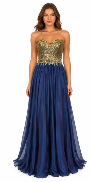 2000s Glow Dress Blue Chiffon Beaded Prom Gown Gold Sequin Formal Strapless S thumbnail 1