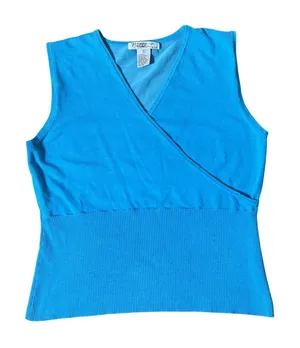 Y2K Poppy by NSD Preppy Babydoll Blue‎ Silk Cotton Blend Faux Wrap Knit Top L thumbnail 1