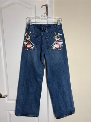 Ed Hardy Women’s 26 Brave Eagle Wide Leg Grunge Y2K Blue Denim Jeans thumbnail 7
