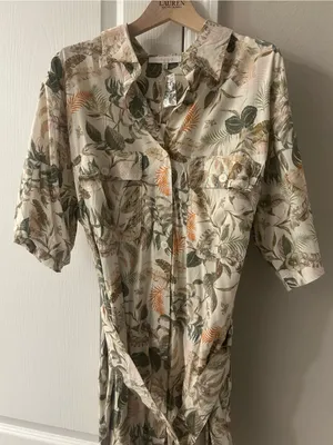 Olivaceous Cream Tropical Print Shirt Dress with Green and Tan Leaves thumbnail 2